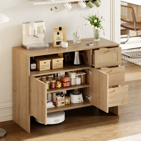 Buffet 2 portes et 3 tiroirs, meuble de rangement cuisine et salon, commode en rotin et poignées dorées, couleur bois, 105 x 40 x 76 cm (1/5)