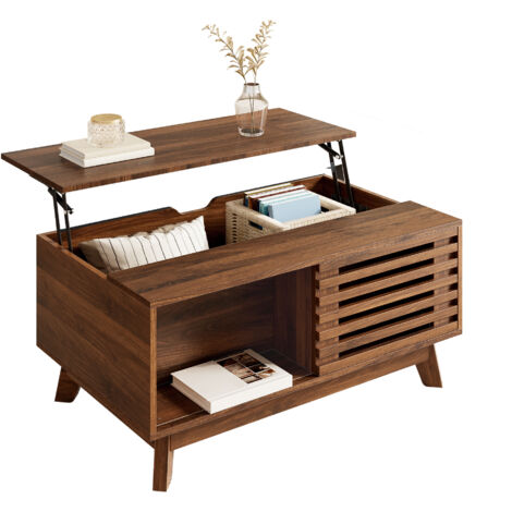 Table basse moderne rétro, plateau réglable en hauteur, porte coulissante en jalousie, aspect noyer, corps en MDF, table multifonctionnelle pour salon (1/5)