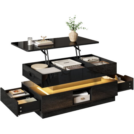 Table basse brillante réglable en hauteur avec rangement LED prise électrique dessus relevable tiroirs salon (1/5)