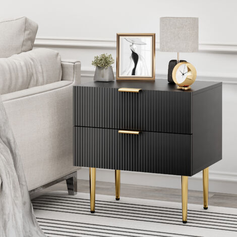 Table de nuit noire à motif ondulé, 2 tiroirs, chevet de chambre moderne avec pieds en métal, 1 pièce (1/5)