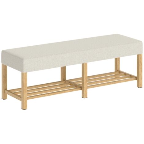 Banc à chaussures 140 cm en bois massif, banquette d'entrée moderne avec assise rembourrée pour deux personnes, bois naturel et blanc crème (1/5)