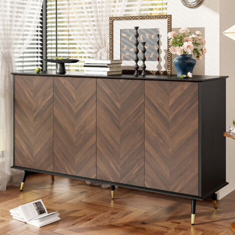 Buffet moderne à chevrons – Armoire 4 portes avec étagères réglables – Bois MDF & pieds métal – Rangement pour salon, entrée & salle à manger (1/5)