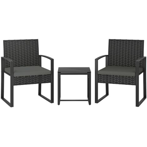 Ensemble de Jardin en Rotin, 3 pièces avec 2 Fauteuils de Jardin et Table Basse, Coussins Amovibles Gris Foncé (1/5)