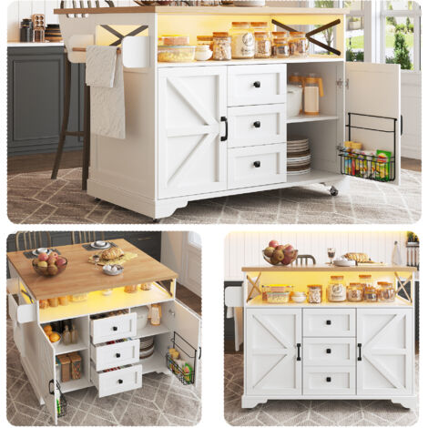 Chariot de cuisine roulant avec table rabattable et éclairage LED, étagères à snacks, multifonction comme îlot de cuisine, bar mobile, table d'appoint, armoire de cuisine, table à manger avec espace d (1/5)