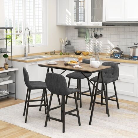 Set de salle à manger 5 pièces, table et 4 chaises, capitonnage bouton, rembourrage épais, aspect lin, gris foncé (1/5)