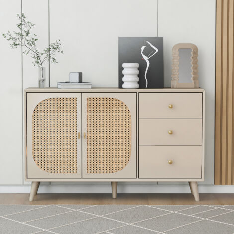 Buffet de salon à 2 portes et tiroirs, grand rangement, blanc cassé crème, largeur 120 cm (1/5)