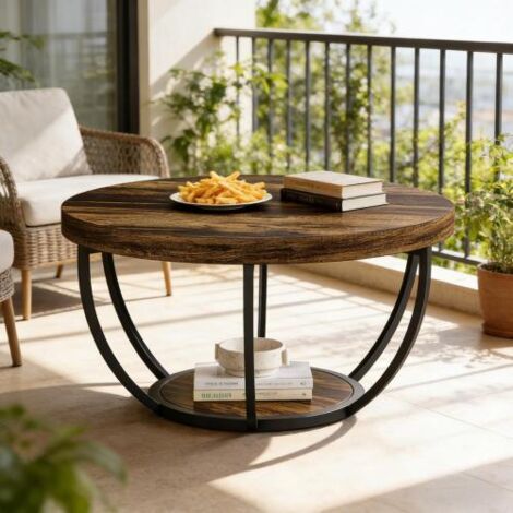 Petite table d'appoint, table ronde à deux niveaux, table d'appoint en bois, table basse (1/5)