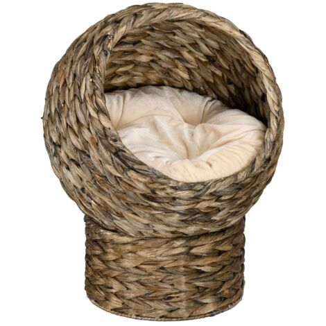 Panier en rotin pour chat, niche en jacinthe d'eau, cabane pour chat, lit pour chat avec coussin, couleur café, 40 x 37 x 51 cm (1/5)