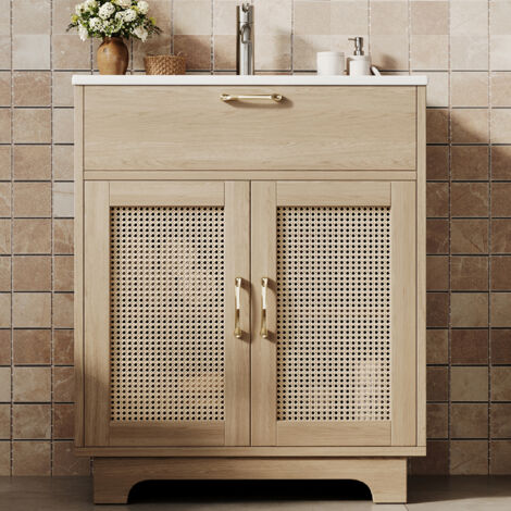 76x46x88cm meuble vasque de salle de bain autoportant, résistant à l'humidité, avec tiroir relevable et doubles portes à fermeture amortie, pieds hauts en rotin, vasque en céramique, naturel (1/5)