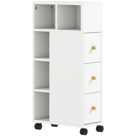 Meuble de salle de bain étroit, armoire avec 4 roulettes, 3 tiroirs, 5 étagères ouvertes, 20x40x80cm, blanc (1/5)