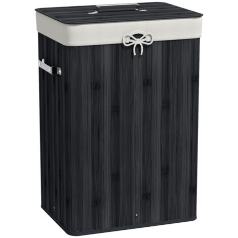 Panier à linge pliable avec couvercle, 72L, noir, 40 x 30 x 60 cm, en toile et bambou (1/5)