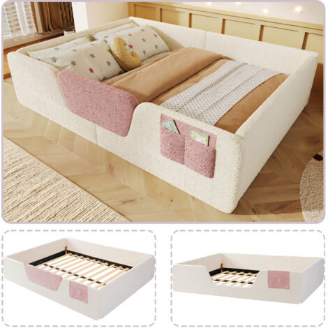 Lit en velours beige, 140x190 cm, sans matelas, barrières de sécurité amovibles, rangement intégré dans poche en tissu (1/5)