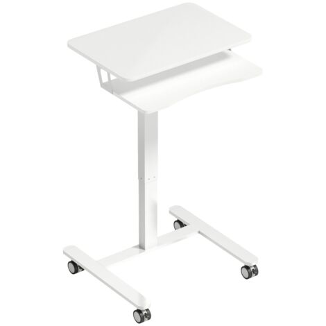 Bureau assis-debout réglable en hauteur, avec plateau, repose-clavier, roulettes et cadre en acier, blanc. (1/5)