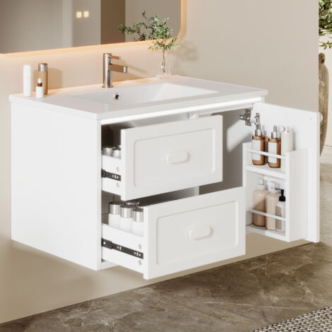 Lavabo intégré blanc 76x46x51cm, meuble suspendu de salle de bain entièrement laqué, éclairage LED à détecteur radar, deux tiroirs à glissières silencieuses (1/5)