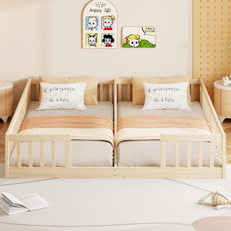 Lit enfant 90x200 cm, lit à barreaux en pin massif, sommier inclus (sans matelas), idéal pour deux enfants, style minimaliste, bois naturel. (1/5)