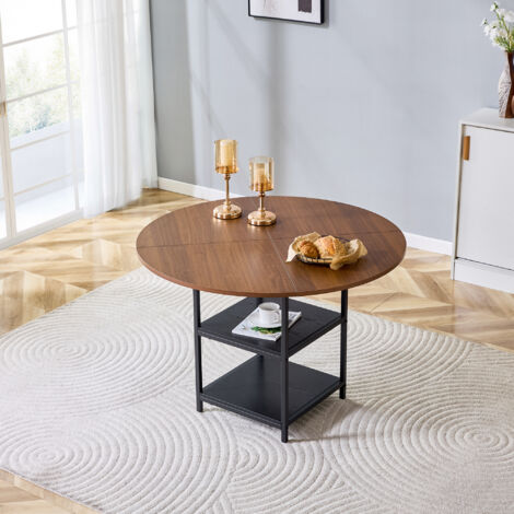 Table ronde de 107 cm de diamètre avec double étagère, effet noyer, plateau MDF + piètement métal, pour 2 à 4 personnes, idéal pour repas familiaux européens. (1/5)