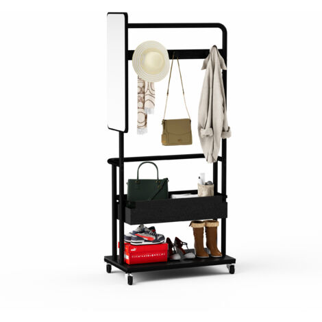 Robuste Portant métallique à roulettes, 3-en-1 avec panier et miroir, cintres intégrés, déplaçable, spacieux, noir, 70x40x170 cm (1/5)