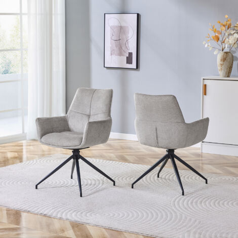 [Lot de 2] Fauteuil rembourré gris à rotation 360° : tissu gris + pieds métalliques laqués noirs, respirant et confortable, adapté au style moderne pour salon ou salle à manger. (1/5)