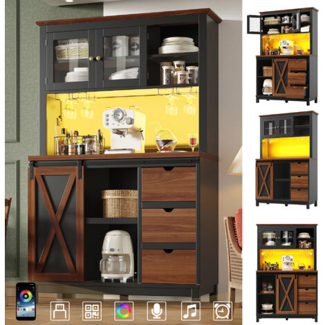 Meuble haut moderne avec éclairage LED & contrôle par application, armoire de cuisine ou de salle à manger avec tiroir, buffet à porte coulissante et trois tiroirs, noir (1/5)