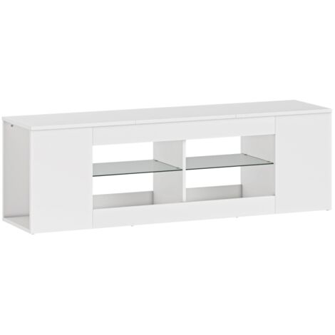 Meuble TV 140 cm, Commode télé avec 6 compartiments, 2 étagères en verre, panneaux de particules, blanc (1/5)