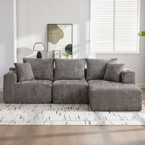 102" Canapé d'angle modulaire compressé, gris sans os avec porte-boisson, forme L à assise profonde, sans montage - Dimensions : 261×165×80,5 cm (1/5)