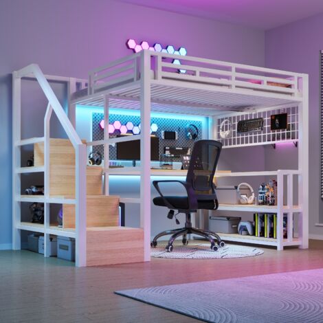 Lit mezzanine 140x200 cm, cadre en fer, étagère de rangement, filet suspendu, bande LED, bureau, escaliers avec tiroirs de rangement, 2 ports USB et 1 prise Type-C, sans matelas, blanc (1/5)