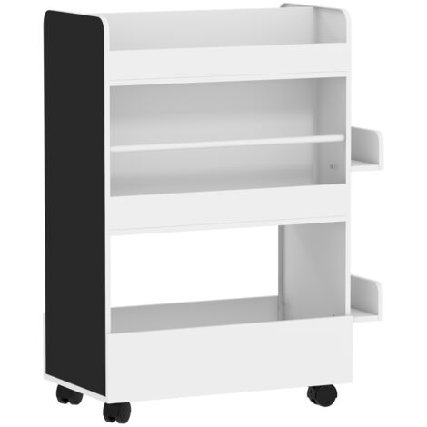 Étagère pour enfants avec 4 étagères, compartiment au sol, 2 panneaux latéraux, tableau noir, roulettes, pour 3–8 ans, 66,5x32,5x86,5 cm blanc (1/5)