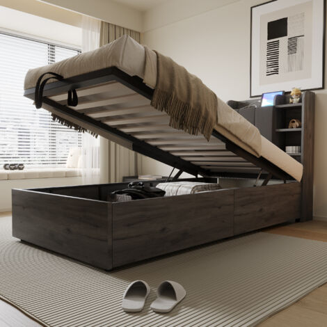 Lit en bois 90x200 cm, lit hydraulique, tête de lit avec rangement, équipé de prises USB et Type-C, lit simple, lit ado, Gris (sans matelas) (1/5)