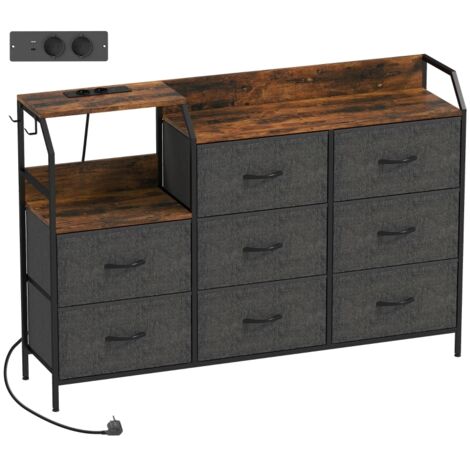Commode en tissu 8 tiroirs, cadre en acier, station de charge, marron rustique + noir (1/5)