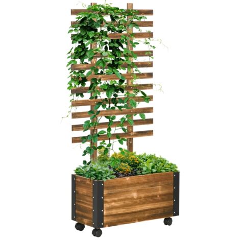 Carré potager surélevé avec treillis, 4 roulettes, bois massif traité, 65 x 31 x 147 cm, noir et marron (1/5)