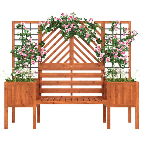 Jardinière en bois massif épicéa brun avec treillis, bac à fleurs spacieux pour plantes grimpantes, avec siège pour jardin cour terrasse. (1/5)