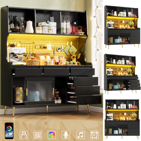 Armoire haute moderne avec éclairage LED & pilotage par application, meuble de cuisine ou de salle à manger avec tiroir, buffet avec étagère de rangement et panneau perforé, 145x39x171cm, noir (1/5)