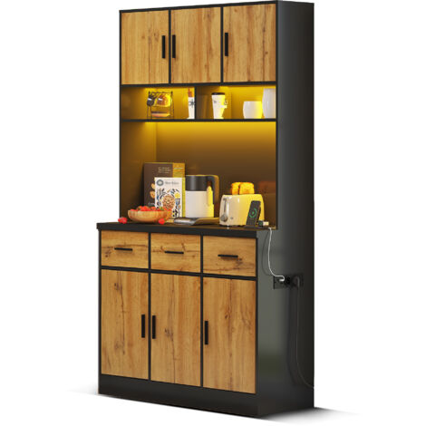 Buffet multifonctionnel 100x40x180cm avec éclairage LED pilotable par APP, tiroirs, étagères réglables, passe-câbles et prises électriques, idéal pour cuisine et salle à manger. (1/5)