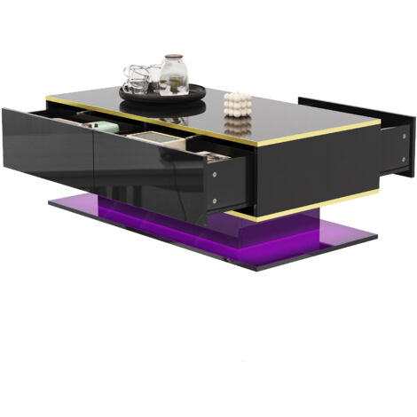 Table basse LED moderne, brillant, 100 cm, doré, 3 tiroirs, bande lumineuse USB (adaptateur/batterie externe requis) (1/5)