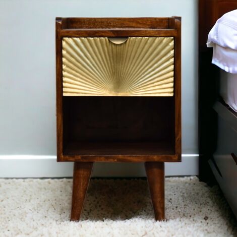 Bureau de nuit en bois massif mini Manila Gold, 1 tiroir, 1 étagère, marron (1/5)