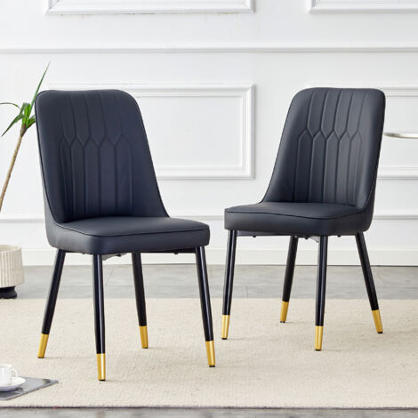 Lot de 2 chaises de salle à manger noires modernes, dossier rembourré en cuir PU, pieds métalliques noirs, pour salle à manger, cuisine, chambre. (1/5)