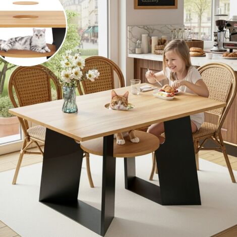 Table à manger rectangulaire pour 6 personnes (130x85x75 cm) avec zone animal de compagnie et étagère, mélange bois naturel et noir (1/5)