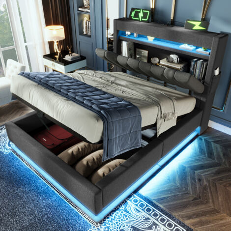 Lit simple 90x200cm, tête de lit de rangement avec ports USB et Type-C, éclairage LED en tête et pied de lit, coffre de rangement hydraulique, gris lin, sans matelas. (1/5)