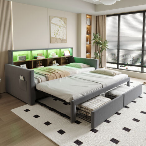 Canapé-lit extensible rembourré 90/180x190 cm, tête de lit avec rangements intégrés, bande LED et prises de charge, deux tiroirs et sommier, velours gris foncé (1/5)