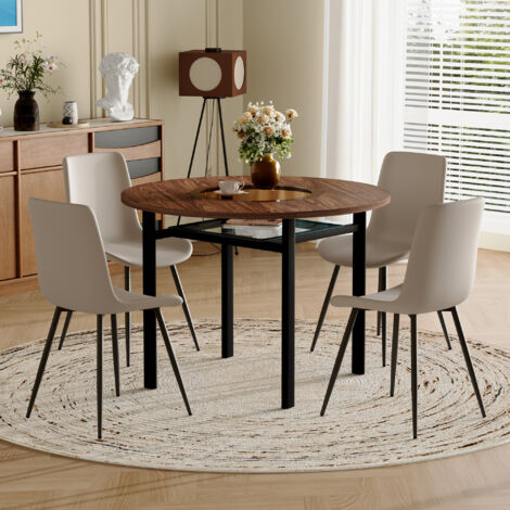 Set de table ronde modern minimaliste (avec compartiment de rangement intégré et 4 fauteuils en PU gris chaud), table ronde de 100 cm de diamètre en aspect bois brun, idéal pour salle à manger. (1/5)