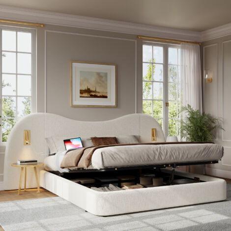 Lit rembourré, lit double, 180x200 cm, lit à vérin hydraulique, avec port USB de charge et lampe de lecture, sommier à lattes, tête de lit et grand espace de rangement, tête de lit matelassée, blanc b (1/5)