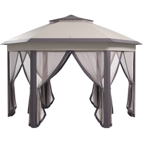 Pavillon de jardin pliable 4x4m, tente pop-up de fête avec sac de transport et 6 panneaux latéraux, double toit hexagonal en café et beige (1/5)