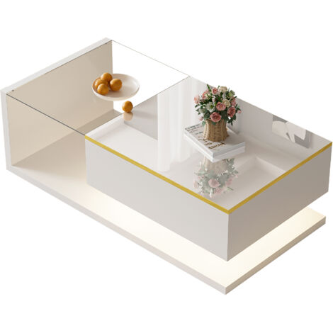 Table basse 100 cm blanc brillant, table d'appoint avec verre et effet LED (1/5)
