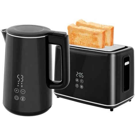 Bouilloire et grille-pain set 1,5L, 2 tranches, 2200W, 7 niveaux de brunissage, décongélation & réchauffage, arrêt automatique, tiroir à miettes, noir. (1/5)