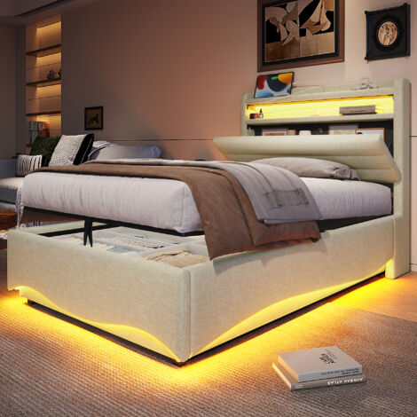 Lit en lin beige, 90x200 cm, sans matelas, avec éclairage LED, mécanisme hydraulique, ports USB et Type-C, rangement latéral et étagères (1/5)