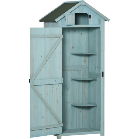 Armoire de jardin avec étagères et fenêtres, 77 x 54,2 x 179 cm, bois bleu clair et vert, toit en bitume pour terrasse & extérieur (1/5)