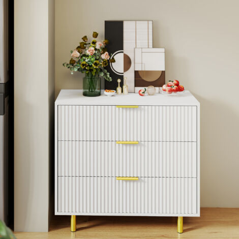 Commode 3 tiroirs, buffet design moderne, armoire de rangement blanc et or, H72 x L80 x P40 cm (1/5)