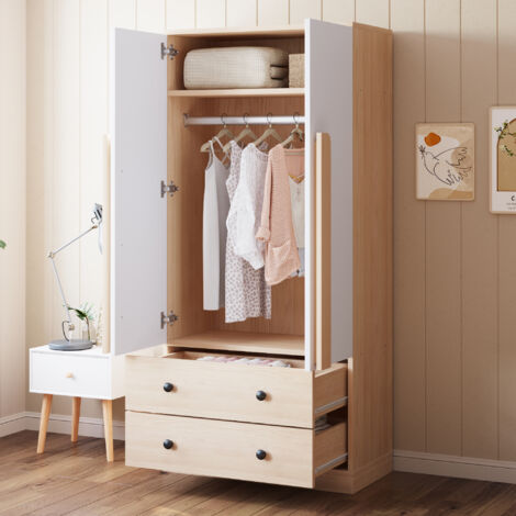 Armoire 70x40x170cm, double portes, avec tiroirs et étagères, couleur bois + blanc (1/5)