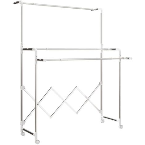Sèche-linge pliable tour sur roulettes, 3 barres réglables, acier inoxydable, pour intérieur et extérieur (1/5)