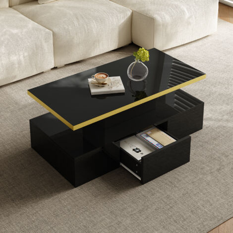 Table basse avec tiroir, table d'appoint finition laquée brillante, deux niveaux de rangement, éclairage LED intégré. (1/5)